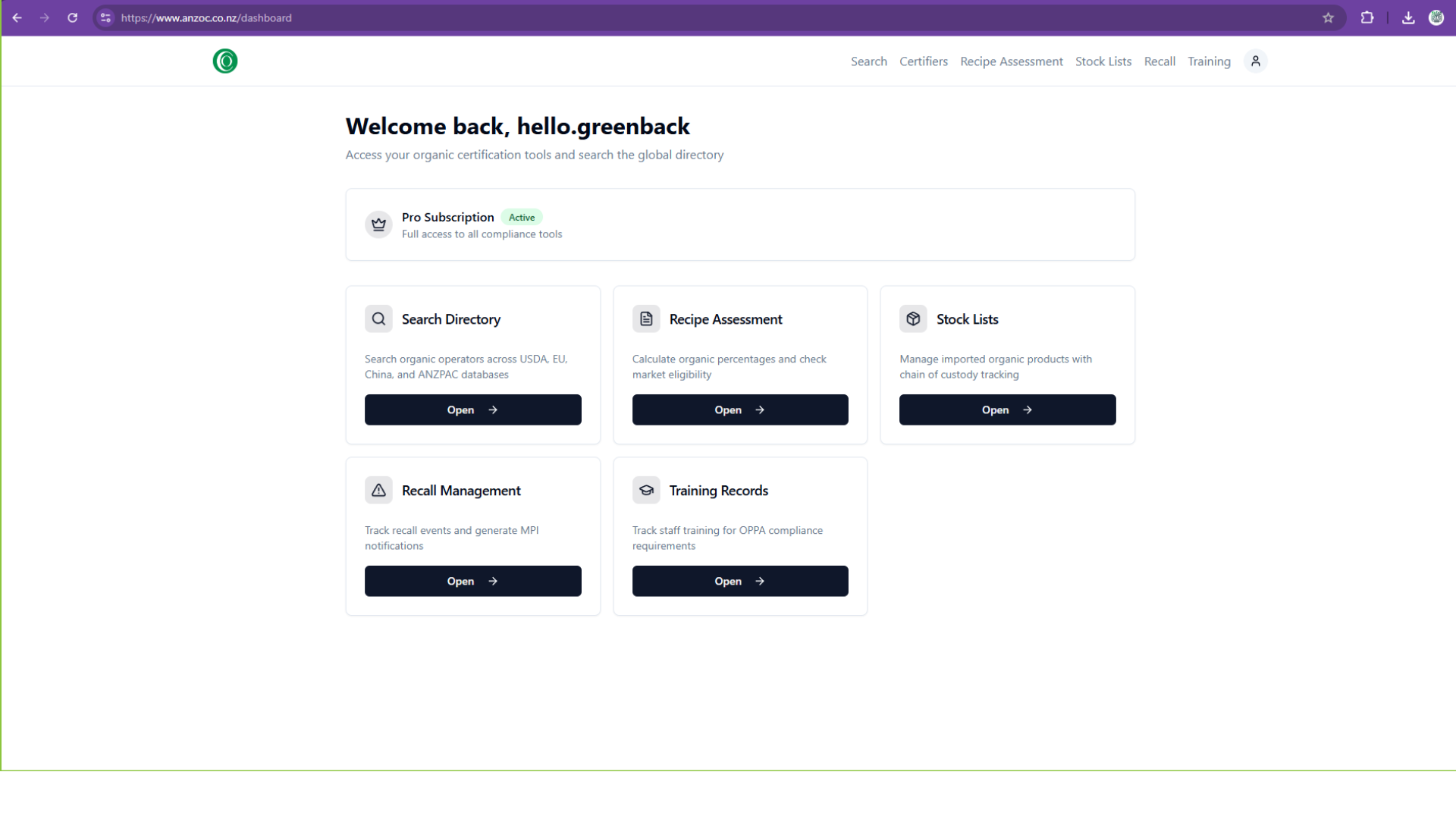 ANZOC compliance dashboard showing certificate verification and recipe assessment